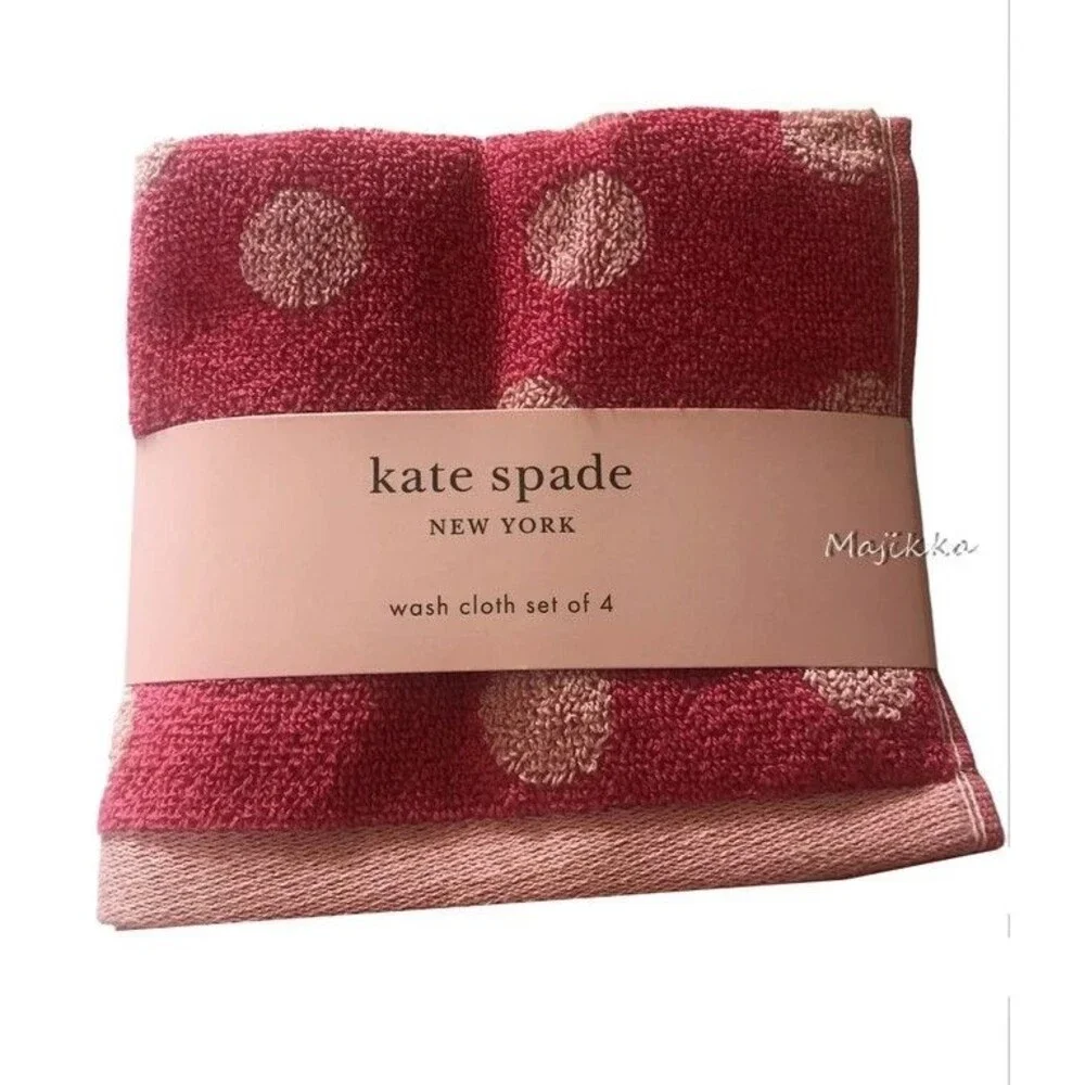 Kate Spade Pink Polka Dot Washcloths Facecloths Set of 4 Cotton Bathroom Dorm